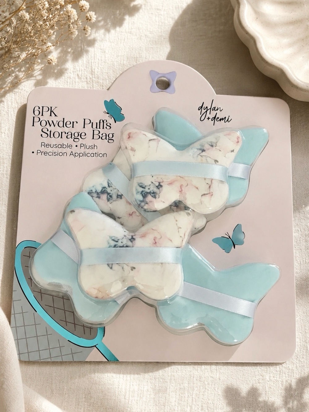 Dylan + Demi Blue Marble Butterfly Powder Puffs - 6 Pack